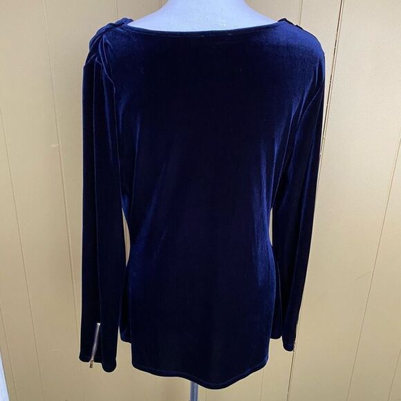 Cache women L drape front Longsleeve navy blue velour blouse - Picture 7 of 9